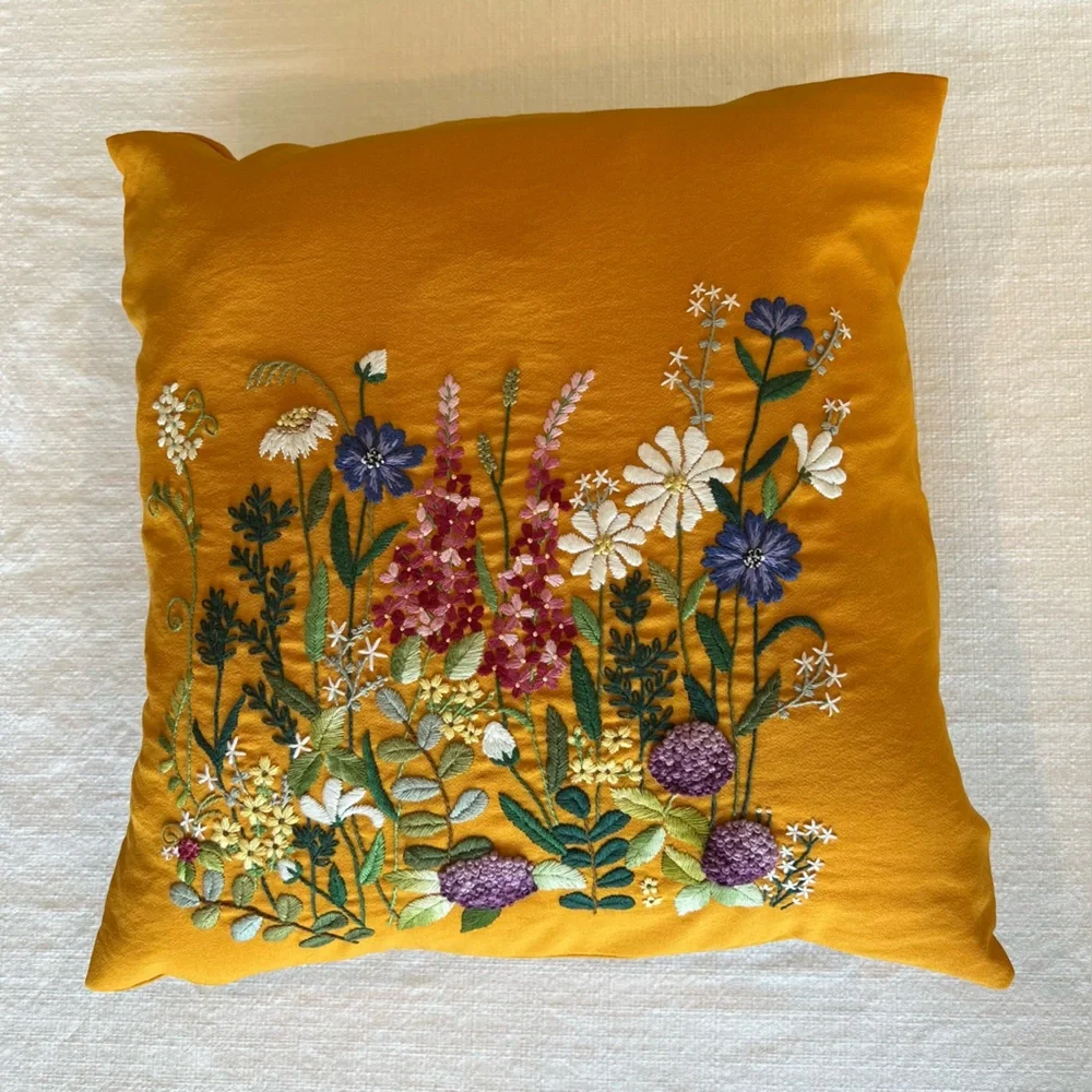 Handmade Floral Embroidered Marigold Colored 18” x 18” Decorative Pillow